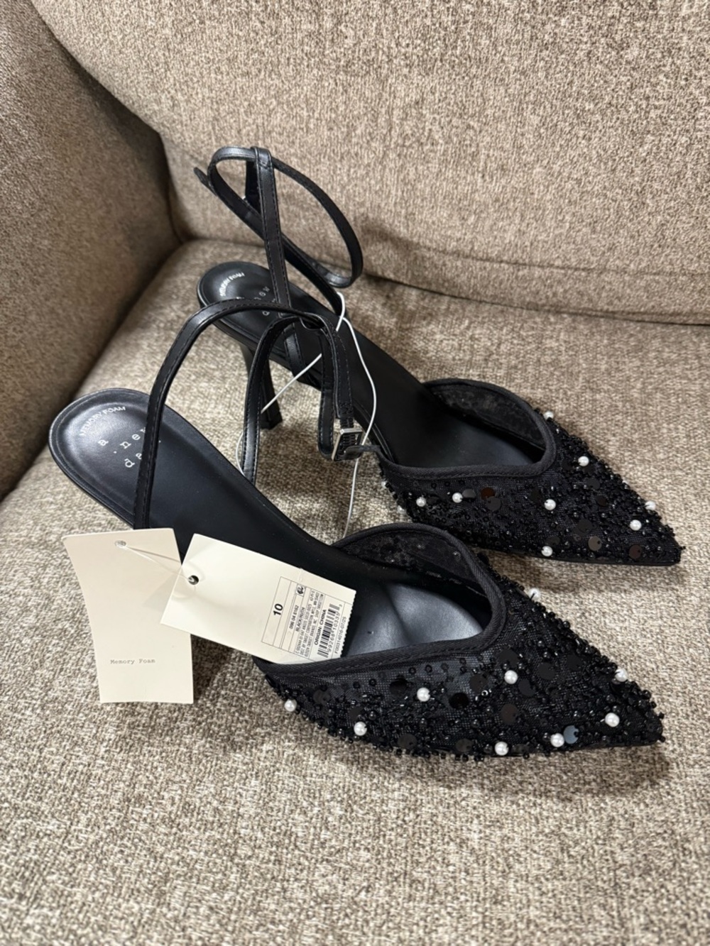 a new day Black Beaded Pointed Toe Slingback Heels